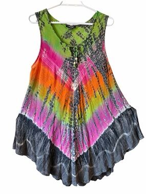 Papa Vancouver Boho Tie Dye Handkerchief Hem Sleeveless Tunic Dress Festival